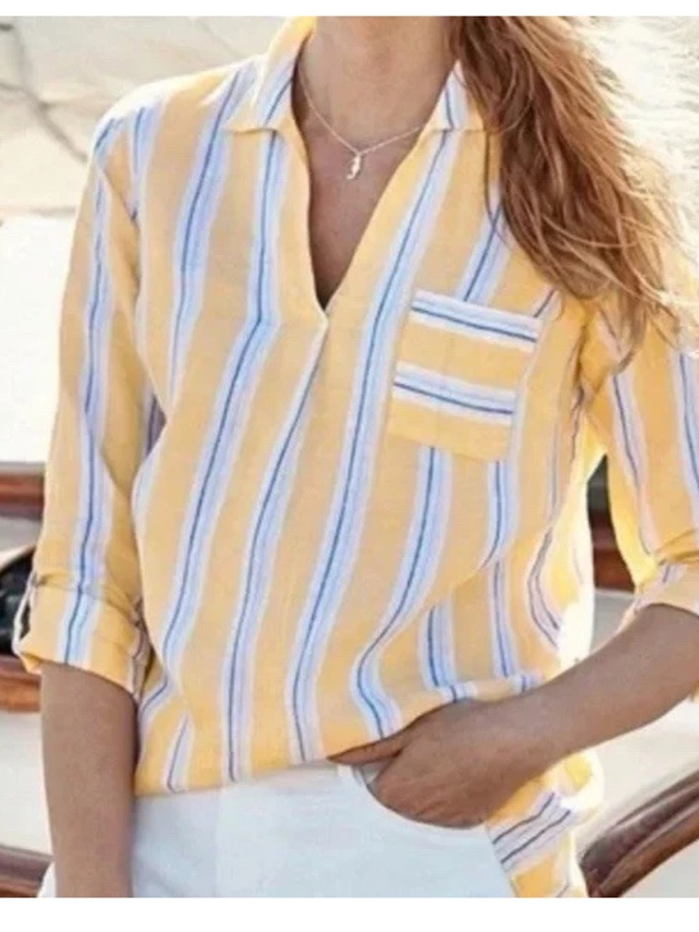 J. Jill Yellow and Blue Striped V-Neck Tunic 100% Linen Sz 1X